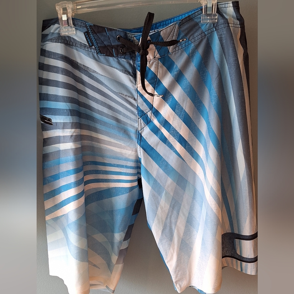 Oakley Blue and White Striped Board Shorts